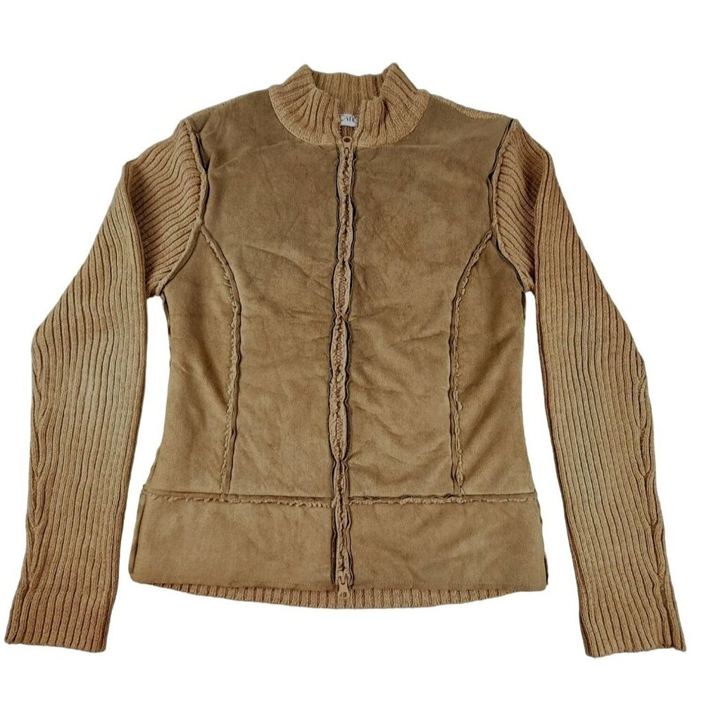 Cato Women's Khaki Brown Jacket Suede-like and Fleece Knit Size Small  JH1331